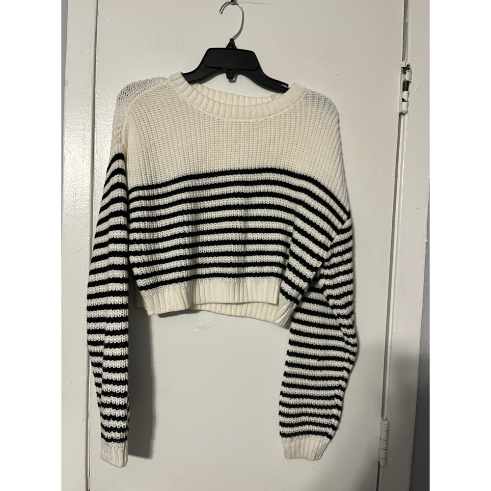 Garage Women Striped Cropped Knit Sweater White Black Size P/S Ribbed Boxy Fit